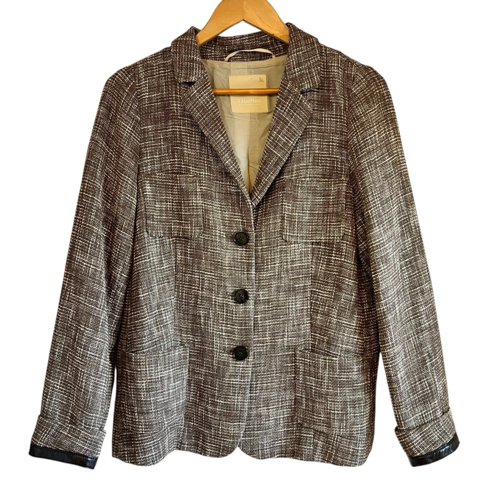 Maxmara woven cotton blazer with leather accents size 12 excellent condition - Picture 2 of 14
